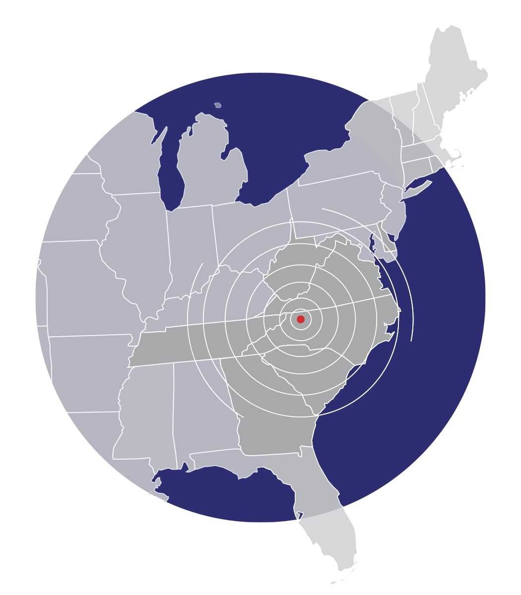 map of the Eastern United States showing steve tate and son plumbing service area