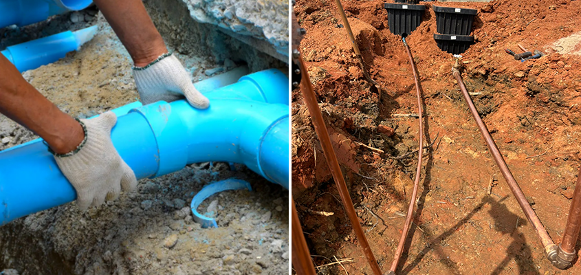 person working on sewer and water taps